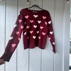 Time and Tru Burgundy Sweater with Pink Hearts